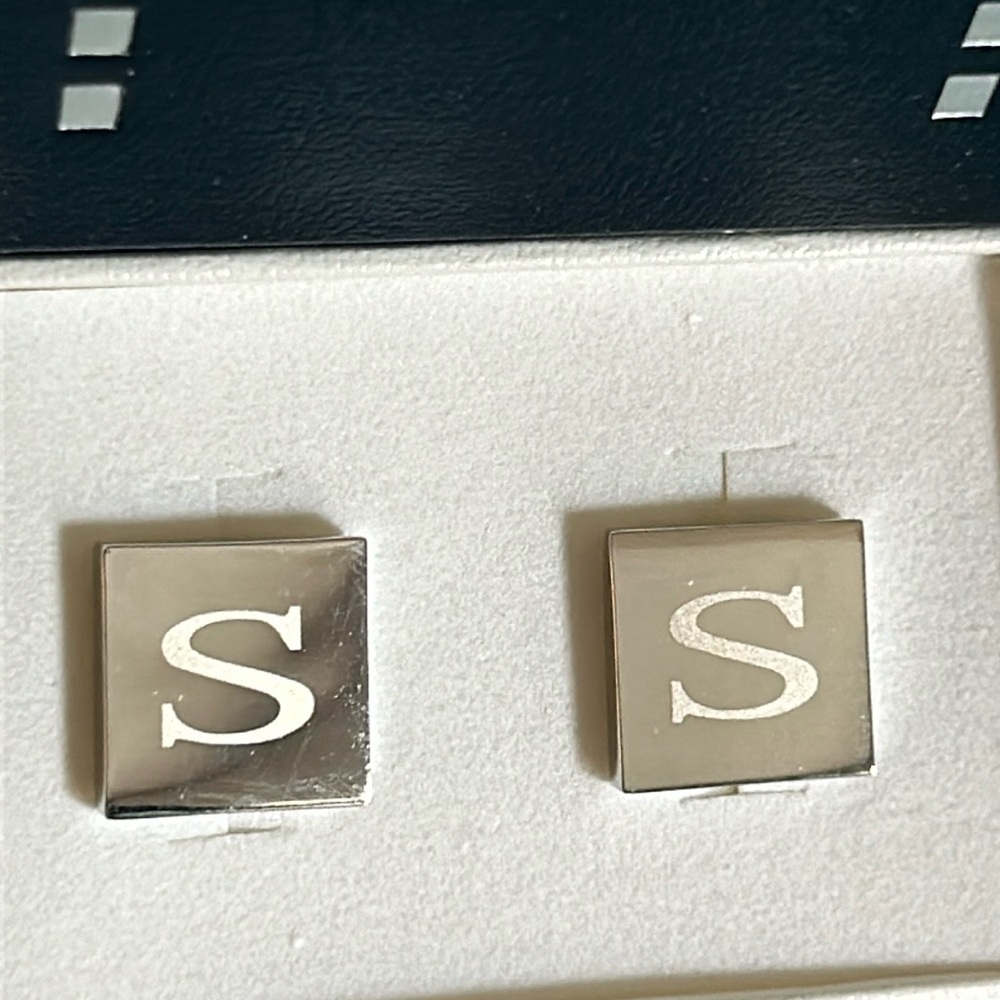 Dual Monocle Monogrammed “S” Cufflinks Silver Tone in Gift Box